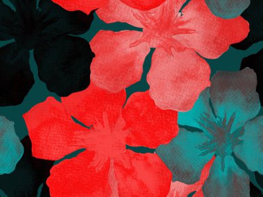 Hawaii suluboya deseni. Pembe kırmızı tropikal desensiz çiçek deseni. Hibiscus ve zakkum Hawaii 'de. Aloha mayo tasarımı. Egzotik buket moda illüstrasyonu. Suluboya yatay fayans.