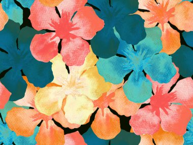 Hawaii suluboya deseni. Pembe kırmızı tropikal desensiz çiçek deseni. Hibiscus ve zakkum Hawaii 'de. Aloha mayo tasarımı. Egzotik buket moda illüstrasyonu. Suluboya yatay fayans.