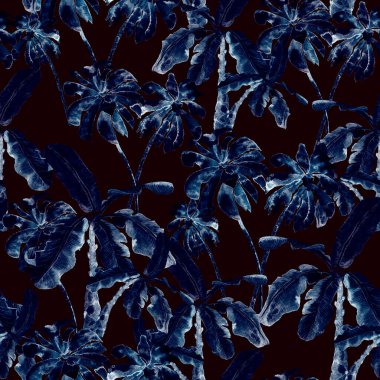 Suluboya palmiye deseni. Cennet yaprakları ile egzotik, pürüzsüz desen. Aloha mayo izi. Yaz dönemi. Akışkan, soyut, dikişsiz desen. Suluboya doğal Hawaii çiçek arkaplanı.