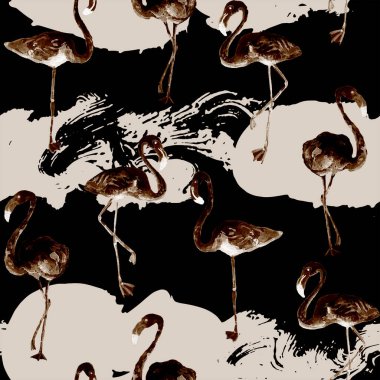 Flamingo deseni. Tropikal yaz siyah baskısı. Kuşlarla dolu egzotik bahar tekstil arka planı. Moda Hawai Ormanı tekrar eden pürüzsüz fayanslar. Çizgili botanik mayo tasarımı. Miami Vahşi Hayatı.