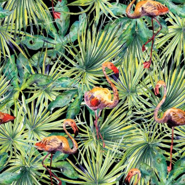 Flamingo deseni. Tropik yaz yeşili kırmızı iz. Kuşlarla dolu egzotik bahar canavarları. Moda Hawai Ormanı tekrar eden pürüzsüz fayanslar. Palm Botanik mayo tasarımı. Miami Vahşi Hayatı.