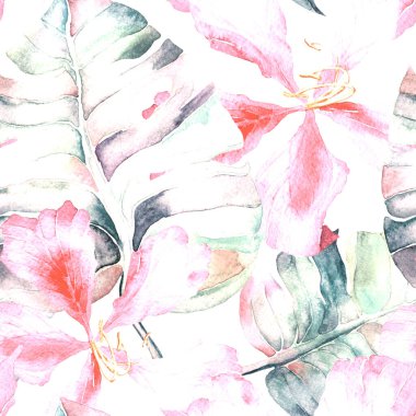 Tatil düzeni. Suluboya tropik çiçekler ve canavar yaprakları. Palm ve Hibiscus ormanları pürüzsüz. Bahar Hawaii suluboya geçmişi. Avuç içleri, canavarlar, mayo izleri..