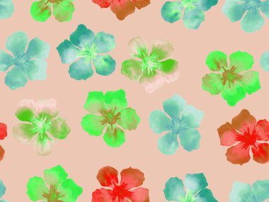 Hawaii suluboya deseni. Yeşil turkuaz çiçekli, dikişsiz tropikal iz. Hibiscus ve zakkum Hawaii 'de. Aloha mayo tasarımı. Egzotik buket moda illüstrasyonu. Suluboya yatay fayans.