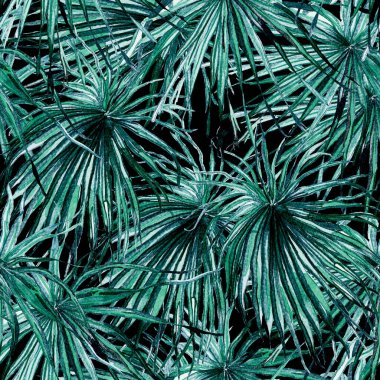 Tropikal desen. Suluboya egzotik çiçekler ve canavar yaprakları. Siyah yeşil bitkiler pürüzsüz desende. Yaz Hawaii suluboya geçmişi. Tropik palmiyeler, canavarlar, çiçek desenleri..