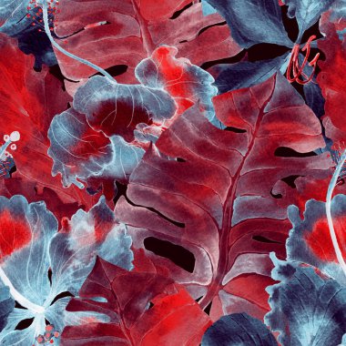 Tatil düzeni. Suluboya tropik çiçekler ve canavar yaprakları. Palm ve Hibiscus bitkileri kusursuz desende. Yaz Hawaii suluboya geçmişi. Tropik palmiyeler, canavarlar, çiçek desenleri..