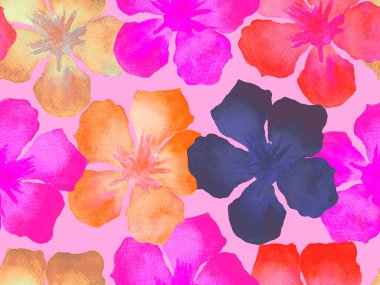 Hawaii suluboya deseni. Pembe kırmızı tropikal desensiz çiçek deseni. Hibiscus ve zakkum Hawaii 'de. Aloha mayo tasarımı. Egzotik buket moda illüstrasyonu. Suluboya yatay fayans.
