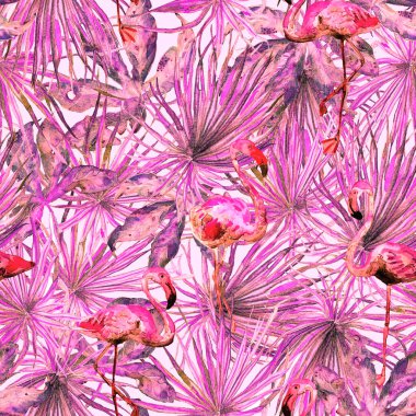 Flamingo deseni. Tropik yaz beyaz kırmızı baskısı. Kuşlarla dolu egzotik bahar canavarları. Moda Hawai Ormanı tekrar eden pürüzsüz fayanslar. Palm Botanik mayo tasarımı. Miami Vahşi Hayatı.