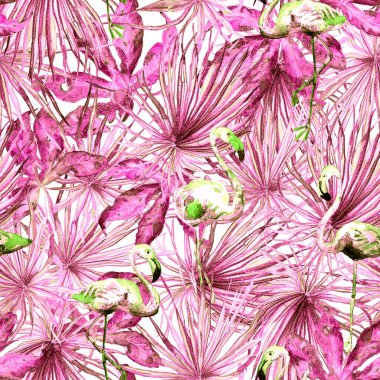 Flamingo deseni. Tropik yaz beyaz kırmızı baskısı. Kuşlarla dolu egzotik bahar tekstil arka planı. Moda Hawai Ormanı tekrar eden pürüzsüz fayanslar. Palm Botanik mayo tasarımı. Miami Vahşi Hayatı.