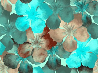 Hawaii suluboya deseni. Yeşil turkuaz çiçekli, dikişsiz tropikal iz. Hibiscus ve zakkum Hawaii 'de. Aloha mayo tasarımı. Egzotik buket moda illüstrasyonu. Suluboya yatay fayans.