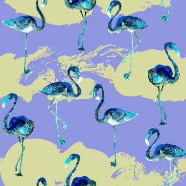 Flamingo deseni. Tropik yaz mavi beyaz baskısı. Kuşlarla dolu egzotik bahar tekstil arka planı. Moda Hawai Ormanı tekrar eden pürüzsüz fayanslar. Çizgili botanik mayo tasarımı. Miami Vahşi Hayatı.