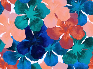 Hawaii suluboya deseni. Çivit mavisi, tropikal, dikişsiz iz. Hibiscus ve zakkum Hawaii 'de. Aloha mayo tasarımı. Egzotik buket moda illüstrasyonu. Suluboya yatay fayans.