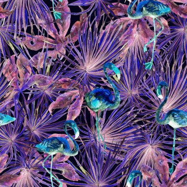 Flamingo deseni. Tropik yaz ultraviyole izi. Kuşlarla dolu egzotik bahar tekstil arka planı. Moda Hawai Ormanı tekrar eden pürüzsüz fayanslar. Palm Botanik mayo tasarımı. Miami Vahşi Hayatı.