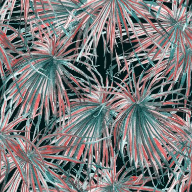 Tropikal desen. Suluboya egzotik çiçekler ve canavar yaprakları. Siyah mavi bitkiler pürüzsüz desende. Yaz Hawaii suluboya geçmişi. Tropik palmiyeler, canavarlar, çiçek desenleri..