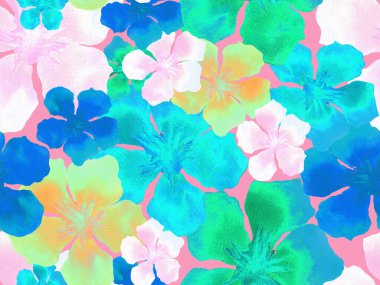 Hawaii suluboya deseni. Çivit mavisi, tropikal, dikişsiz iz. Hibiscus ve zakkum Hawaii 'de. Aloha mayo tasarımı. Egzotik buket moda illüstrasyonu. Suluboya yatay fayans.