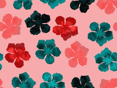 Hawaii suluboya deseni. Pembe kırmızı tropikal desensiz çiçek deseni. Hibiscus ve zakkum Hawaii 'de. Aloha mayo tasarımı. Egzotik buket moda illüstrasyonu. Suluboya yatay fayans.