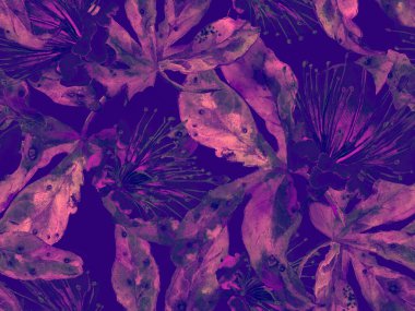 Cesur soyut çiçek deseni. Mor Arkaplanda Büyük Hawaii Kusursuz Parmak izi. Büyük Egzotik Bahar Maracuya Sonsuz Arkaplanı. Modern Kalın Soyut Çiçek Deseni.