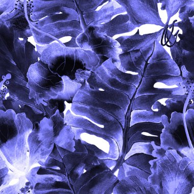 Tatil düzeni. Suluboya tropik çiçekler ve canavar yaprakları. Palm ve Hibiscus bitkileri kusursuz desende. Bahar Hawaii suluboya geçmişi. Tropik palmiyeler, canavarlar, çiçek desenleri..