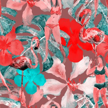 Yaz plajı deseni. Mayo giymiş insanlar egzotik palmiye, yaprak ve çiçeklerin arasında duruyorlar. Pembe kırmızı kız izi. Tropik Hawai suluboyası, pürüzsüz fayans. Bikini Miami, güneşlenen kızlar.. 