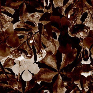 Yaz plajı deseni. Mayo giymiş insanlar egzotik palmiye, yaprak ve çiçeklerin arasında duruyorlar. Kahverengi kirli parmak izi. Tropik Hawai suluboyası, pürüzsüz fayans. Bikini Miami, güneşlenen kızlar.. 