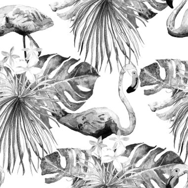 Flamingo deseni. Tropik yaz siyah beyaz baskısı. Kuşlarla dolu egzotik bahar canavarları. Moda Hawai Ormanı tekrar eden pürüzsüz fayanslar. Palm Botanik mayo tasarımı. Miami Vahşi Hayatı.