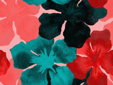 Hawaii suluboya deseni. Pembe kırmızı tropikal desensiz çiçek deseni. Hibiscus ve zakkum Hawaii 'de. Aloha mayo tasarımı. Egzotik buket moda illüstrasyonu. Suluboya yatay fayans.