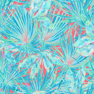 Tropikal desen. Suluboya egzotik çiçekler ve canavar yaprakları. Kırmızı mavi bitkiler pürüzsüz desende. Yaz Hawaii suluboya geçmişi. Tropik palmiyeler, canavarlar, çiçek desenleri..