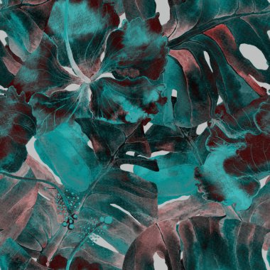 Tatil düzeni. Suluboya tropik çiçekler ve canavar yaprakları. Palm ve Hibiscus bitkileri kusursuz desende. Bahar Hawaii suluboya geçmişi. Tropik palmiyeler, canavarlar, çiçek desenleri..