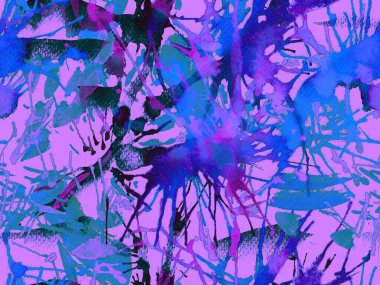 Püskürme izi yok. Mor suluboya fırça darbesi grunge tasarımı. Suluboya soyut sıçrama boyası tasarımı. Kademeli mürekkep lekeleri. Çamur tabakası. Sıvı damlayan fırça sonsuz iz. 