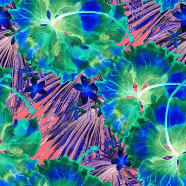 Tropikal desen. Suluboya egzotik çiçekler ve canavar yaprakları. Tertemiz siyah beyaz bitkiler. Yaz Hawaii suluboya geçmişi. Tropik palmiyeler, canavarlar, çiçek desenleri..