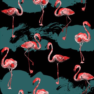Flamingo deseni. Tropik yaz mavisi kırmızı iz. Kuşlarla dolu egzotik bahar tekstil arka planı. Moda Hawai Ormanı tekrar eden pürüzsüz fayanslar. Çizgili botanik mayo tasarımı. Miami Vahşi Hayatı.