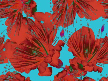 Bold Floral Print. Yeşil ve Kırmızı Arkaplanda Geniş Orman Kusursuz Parmak izi. Büyük Hawaii Bahar Sulu Granadilla Sonsuz Arkaplan. Moda Kalın Çiçek Yazdırma.