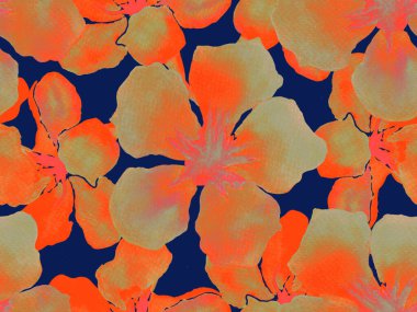 Hawaii suluboya deseni. Pembe kırmızı tropikal desensiz çiçek deseni. Hibiscus ve zakkum Hawaii 'de. Aloha mayo tasarımı. Egzotik buket moda illüstrasyonu. Suluboya yatay fayans.