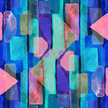Bauhaus deseni. Çivit mavisi geometrik suluboya, soyut, dikişsiz iz. Suluboya çizgili arka plan. Kaleydoskop çizgileri. Çağdaş sanat illüstrasyonu. Bauhaus grafik tasarımı. Moda dokusu
