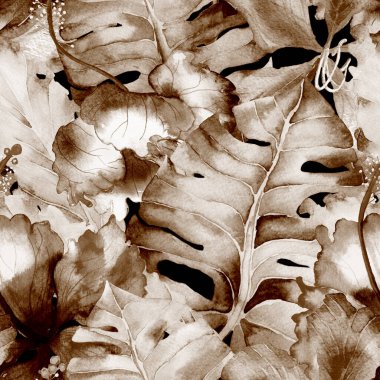Egzotik desen. Suluboya tropik çiçekler ve canavar yaprakları. Palm ve Hibiscus bitkileri kusursuz desende. Bahar Hawaii suluboya geçmişi. Avuç içleri, canavarlar, mayo izleri..