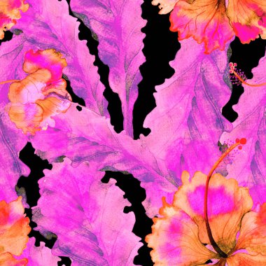 Tropikal desen. Suluboya egzotik çiçekler ve canavar yaprakları. Palm ve Hibiscus bitkileri kusursuz desende. Yaz Hawaii suluboya geçmişi. Avuç içleri, canavarlar, mayo izleri..