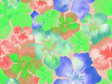 Hawaii suluboya deseni. Gökkuşağı çiçekli tropikal iz. Hibiscus ve zakkum Hawaii 'de. Aloha mayo tasarımı. Egzotik buket moda illüstrasyonu. Suluboya yatay fayans.