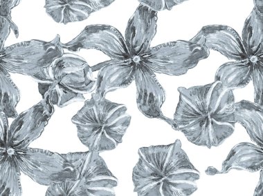 Çiçek Ayurveda deseni. Canlı Sakura ve Jasmine Print. Biyo Jasmin Kusursuz Şablon. Suluboya Turuncu Çiçek ve Yapraklar. Monokrom ve Gri Tonlama Yaz Vintage Arkaplanı.