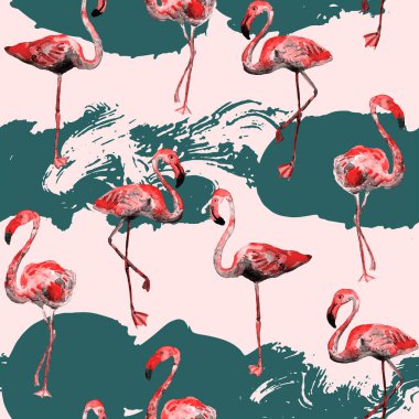 Flamingo deseni. Tropik yaz yeşili pembe iz. Kuşlarla dolu egzotik bahar tekstil arka planı. Moda Hawai Ormanı tekrar eden pürüzsüz fayanslar. Çizgili botanik mayo tasarımı. Miami Vahşi Hayatı.