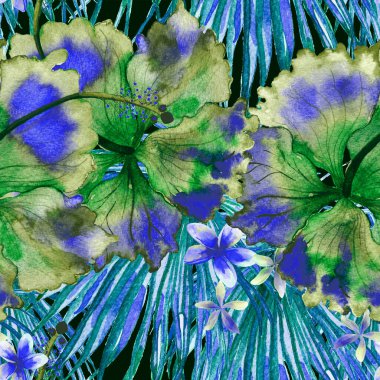 Tropikal desen. Suluboya egzotik çiçekler ve canavar yaprakları. Siyah mavi bitkiler pürüzsüz desende. Yaz Hawaii suluboya geçmişi. Tropik palmiyeler, canavarlar, çiçek desenleri..