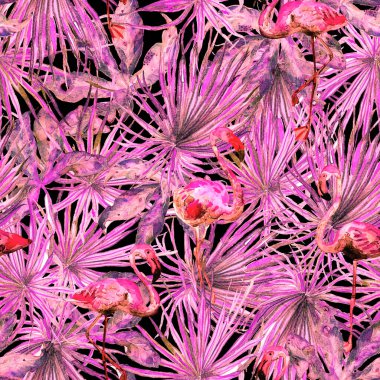 Flamingo deseni. Tropik yaz beyaz kırmızı baskısı. Kuşlarla dolu egzotik bahar canavarları. Moda Hawai Ormanı tekrar eden pürüzsüz fayanslar. Palm Botanik mayo tasarımı. Miami Vahşi Hayatı.