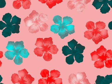 Hawaii suluboya deseni. Pembe kırmızı tropikal desensiz çiçek deseni. Hibiscus ve zakkum Hawaii 'de. Aloha mayo tasarımı. Egzotik buket moda illüstrasyonu. Suluboya yatay fayans.
