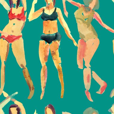 Yaz plajı deseni. Mayolu insanlar kuyrukta bekliyor. Yeşil renkli kız baskısı. Tropik Hawai suluboyası, pürüzsüz fayans. Bikini Miami kızları güneşlendiriyor. Bikinili kadınlar.