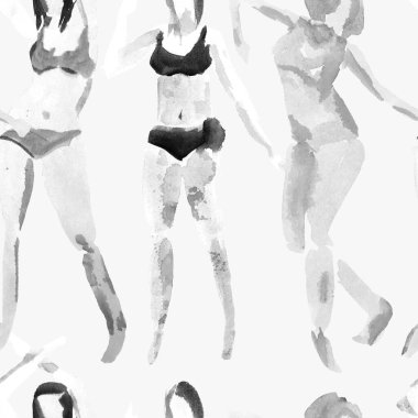 Yaz plajı deseni. Mayolu insanlar kuyrukta bekliyor. Tek renkli siyah beyaz kız baskısı. Tropik Hawai suluboyası, pürüzsüz fayans. Bikini Miami kızları güneşlendiriyor. Bikinili kadınlar.