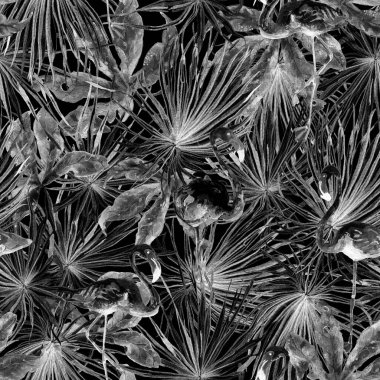 Flamingo deseni. Tropik yaz siyah beyaz baskısı. Kuşlarla dolu egzotik bahar tekstil arka planı. Moda Hawai Ormanı tekrar eden pürüzsüz fayanslar. Palm Botanik mayo tasarımı. Miami Vahşi Hayatı.