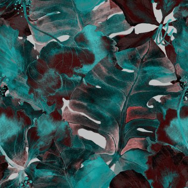 Tatil düzeni. Suluboya tropik çiçekler ve canavar yaprakları. Palm ve Hibiscus bitkileri kusursuz desende. Bahar Hawaii suluboya geçmişi. Tropik palmiyeler, canavarlar, çiçek desenleri..