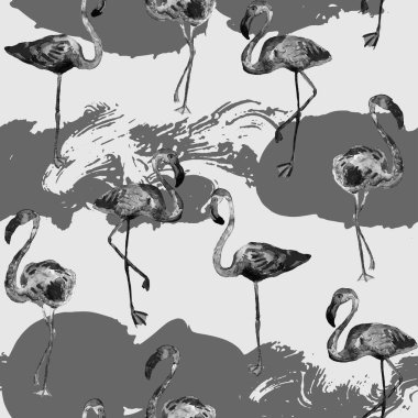 Flamingo deseni. Tropikal yaz siyah baskısı. Kuşlarla dolu egzotik bahar tekstil arka planı. Moda Hawai Ormanı tekrar eden pürüzsüz fayanslar. Çizgili botanik mayo tasarımı. Miami Vahşi Hayatı.