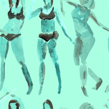 Yaz plajı deseni. Mayolu insanlar kuyrukta bekliyor. İndigo lacivert kız izi. Tropik Hawai suluboyası, pürüzsüz fayans. Bikini Miami kızları güneşlendiriyor. Bikinili kadınlar.