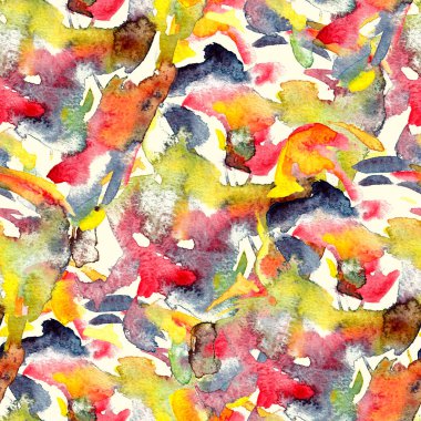 Fırça darbeleri. Sarı kırmızı suluboya geometri baskısı. Pastel suluboya arka plan. El çizimi soyut sanat çizgisi. Tekrar eden mayo desenli. Fırça izi.