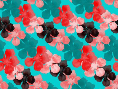 Hawaii suluboya deseni. Pembe kırmızı tropikal desensiz çiçek deseni. Hibiscus ve zakkum Hawaii 'de. Aloha mayo tasarımı. Egzotik buket moda illüstrasyonu. Suluboya yatay fayans.