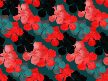 Hawaii suluboya deseni. Pembe kırmızı tropikal desensiz çiçek deseni. Hibiscus ve zakkum Hawaii 'de. Aloha mayo tasarımı. Egzotik buket moda illüstrasyonu. Suluboya yatay fayans.